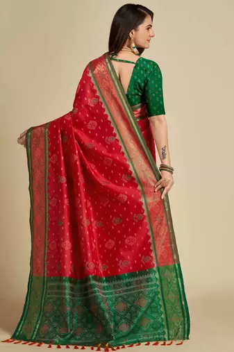 red patola silk blend saree with contrast weave meenakari & tassels