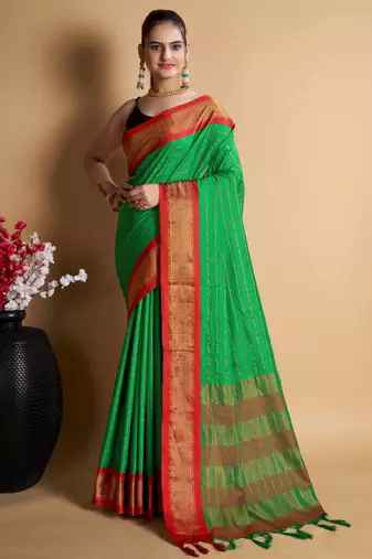 green silk blend saree with striking pallu & blouse
