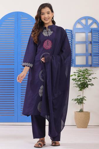 Navy Blue Embroidered Cotton Suit Set with Dupatta
