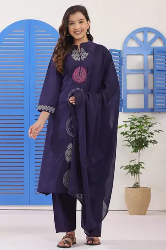 Navy Blue Embroidered Cotton Suit Set with Dupatta