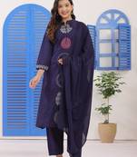 Navy Blue Embroidered Cotton Suit Set with Dupatta