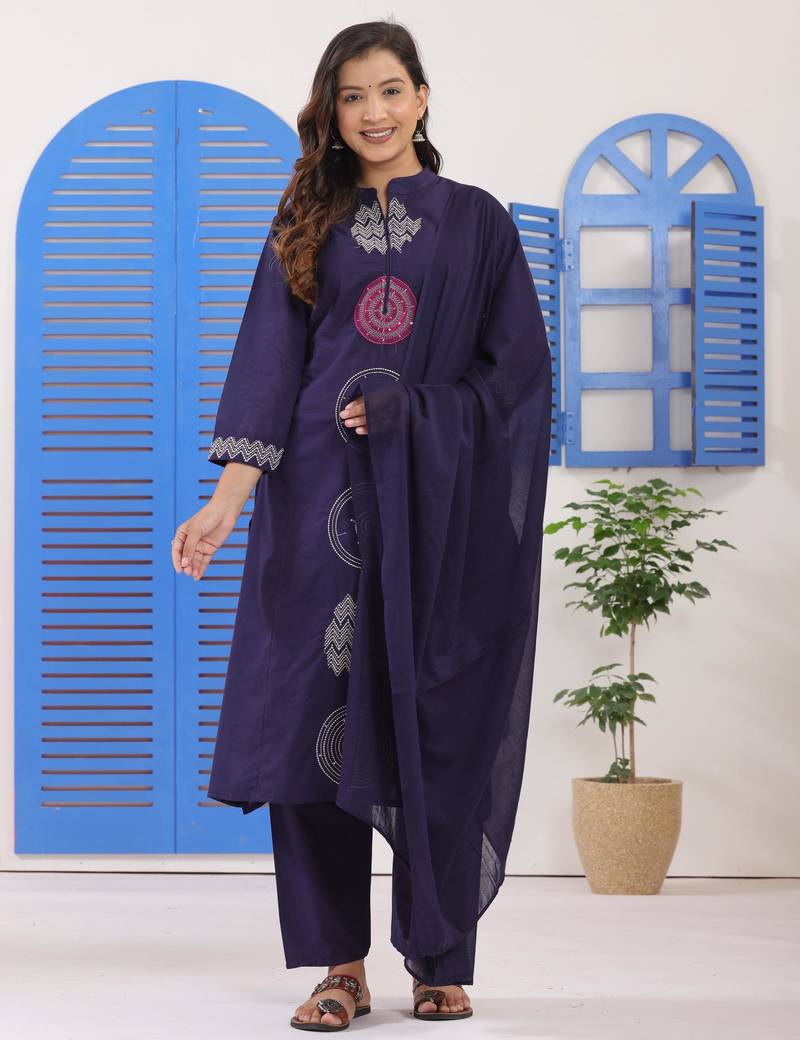 Navy Blue Embroidered Cotton Suit Set with Dupatta
