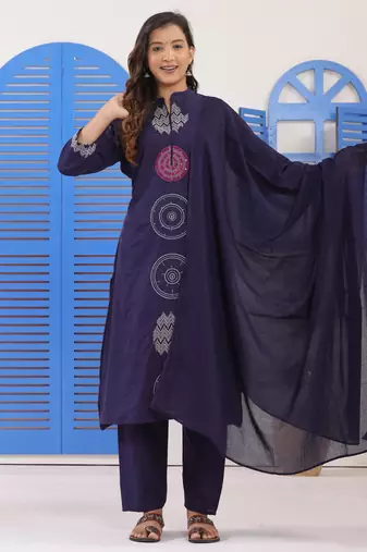 Navy Blue Embroidered Cotton Suit Set with Dupatta