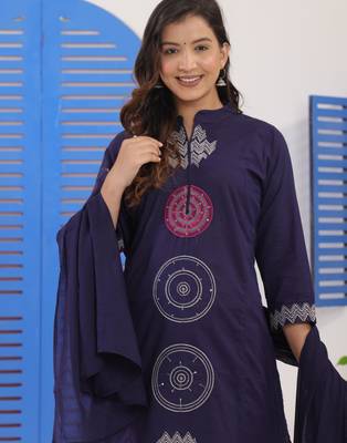 Navy Blue Embroidered Cotton Suit Set with Dupatta 3