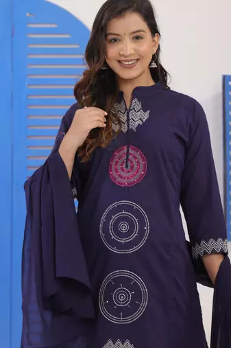 Navy Blue Embroidered Cotton Suit Set with Dupatta