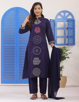 Navy Blue Embroidered Cotton Suit Set with Dupatta 4
