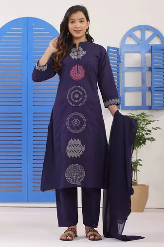 Navy Blue Embroidered Cotton Suit Set with Dupatta