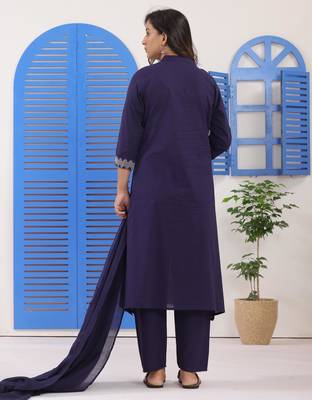 Navy Blue Embroidered Cotton Suit Set with Dupatta 5