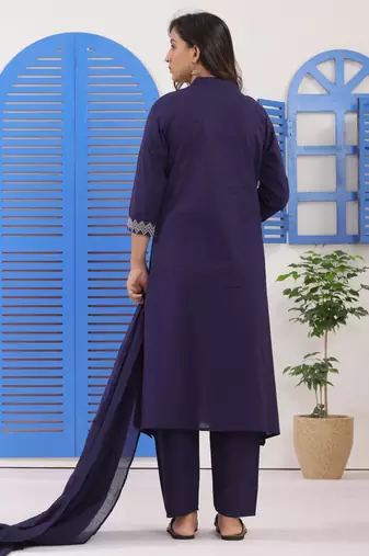 Navy Blue Embroidered Cotton Suit Set with Dupatta