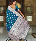 blue zari weaving banarasi silk blend saree