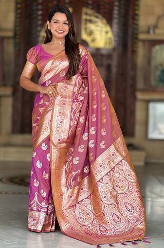 peach zari weaving banarasi silk blend saree