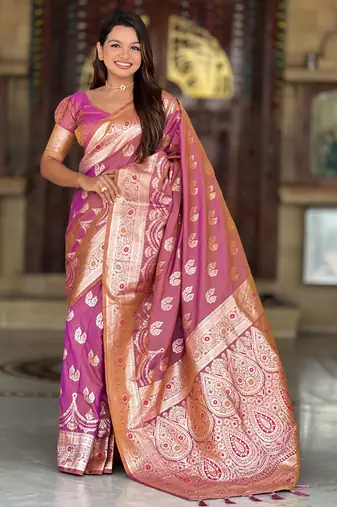 peach zari weaving banarasi silk blend saree