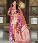 peach zari weaving banarasi silk blend saree