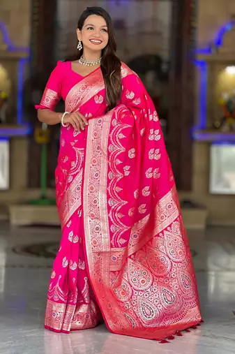 pink zari weaving banarasi silk blend saree