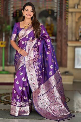 purple zari weaving banarasi silk blend saree