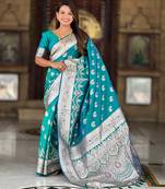 sky blue zari weaving banarasi silk blend saree