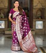 wine zari weaving banarasi silk blend saree