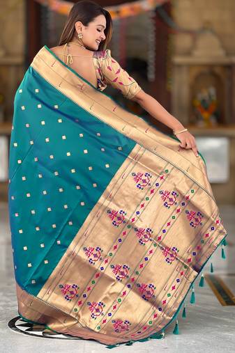 teal paithani silk blend meenakari pallu zari weaving saree