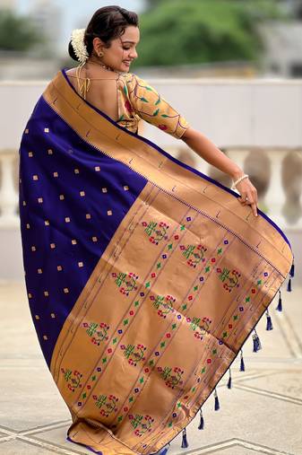 violet paithani silk blend meenakari pallu zari weaving saree