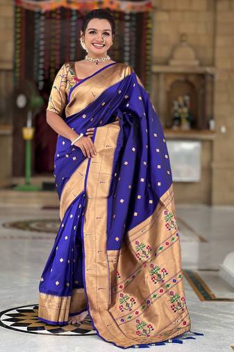 violet paithani silk blend meenakari pallu zari weaving saree