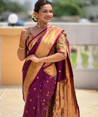 wine paithani silk blend meenakari pallu zari weaving saree 1