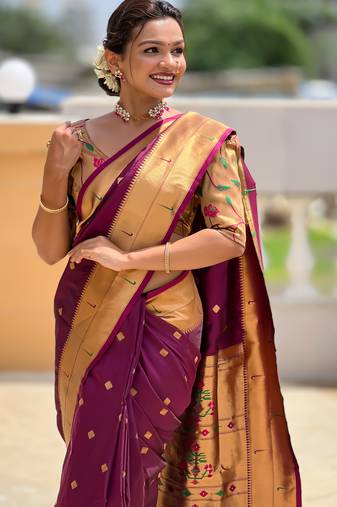 wine paithani silk blend meenakari pallu zari weaving saree