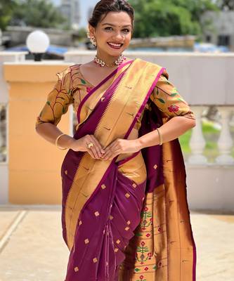wine paithani silk blend meenakari pallu zari weaving saree 2