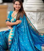 teal paithani silk blend saree with temple weaving border