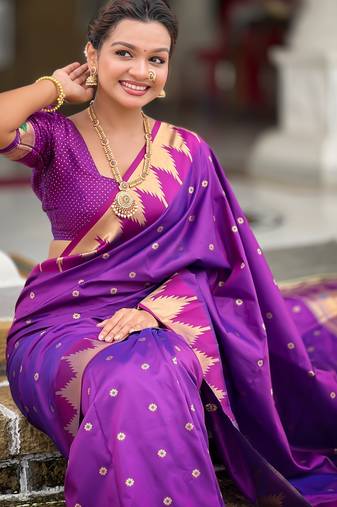 magenta paithani silk blend saree with temple weaving border