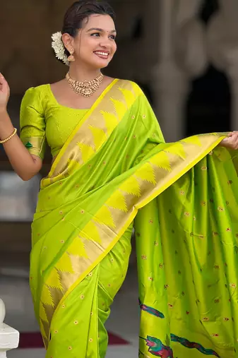 parrot green paithani silk blend saree with temple weaving border