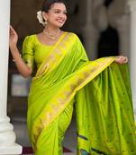 parrot green paithani silk blend saree with temple weaving border