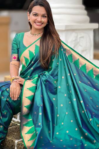 teal paithani silk blend saree with temple weaving border