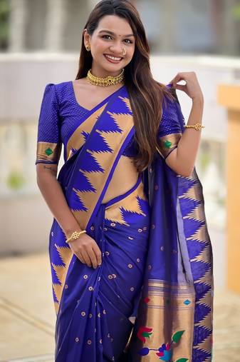 royal blue paithani silk blend saree with temple weaving border