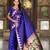 royal blue paithani silk blend saree with temple weaving border