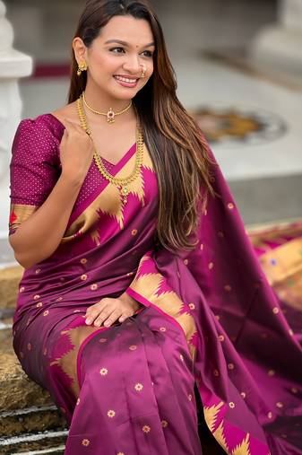 wine paithani silk blend saree with temple weaving border