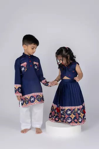 Blue embroidered cotton lehenga and top