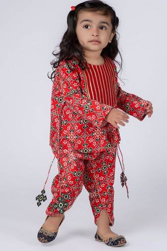 Red embroidered cotton kurti and dhoti