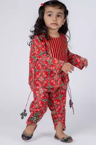 Red embroidered cotton kurti and dhoti