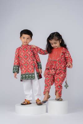 Red embroidered cotton kurti and dhoti 2