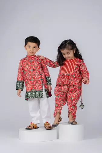 Red embroidered cotton kurti and dhoti