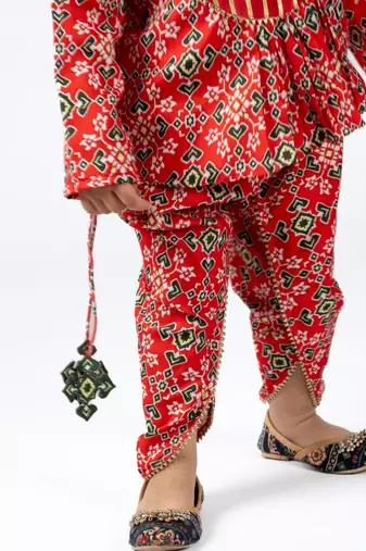 Red embroidered cotton kurti and dhoti