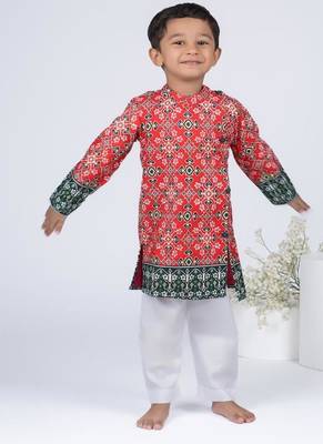 Red embroidered cotton kurta pajama 1
