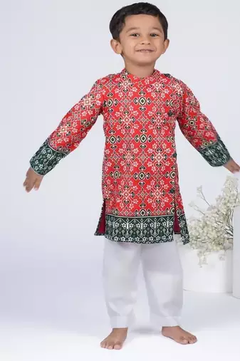Red embroidered cotton kurta pajama