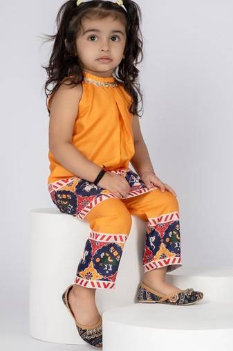 Yellow embroidered cotton kurti pants