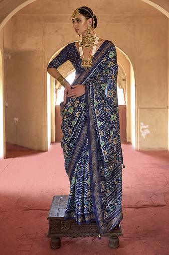 Navy blue silk blend patola design saree