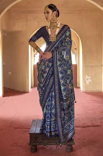 Navy blue silk blend patola design saree