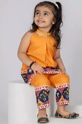 Yellow embroidered cotton kurti pants