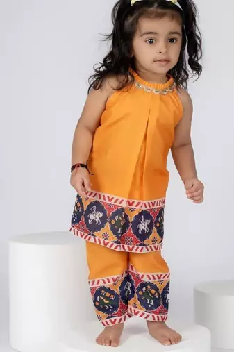 Yellow embroidered cotton kurti pants