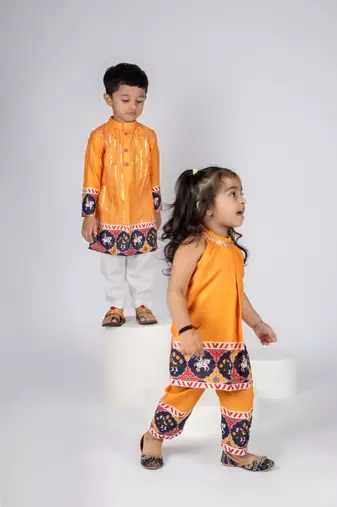 Yellow embroidered cotton kurti pants