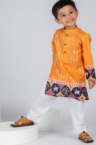 Yellow embroidered cotton kurta pajama
